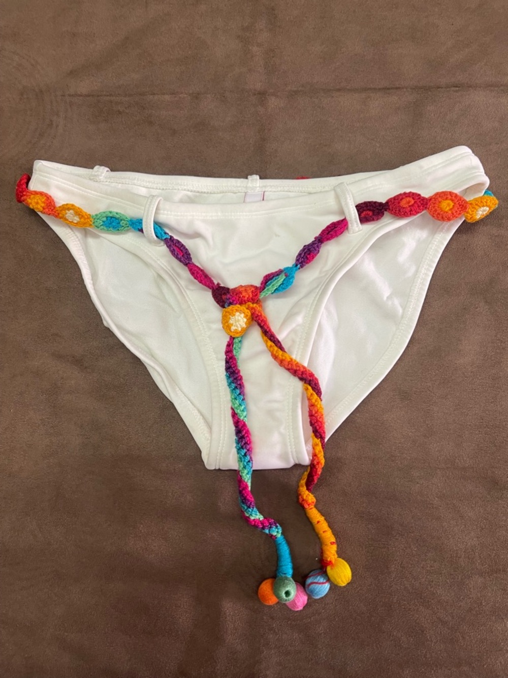 Sofia by VIX Groovy White Bikini Bottom with Multicolor Crochet Trim